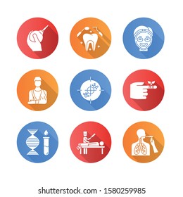 Medical procedure flat design long shadow glyph icons set. Orthopedic cast. Immunotherapy. Dental care. Cosmetology. Bandaging. Genetics. Autopsy. Bronchoscopy. Vector silhouette illustration