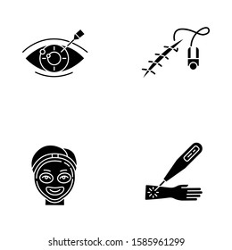 Medical procedure glyph icons set. Vision correction. Eyesight disorder. Stitching open wound. Cosmetology. Laser therapy on arm. Healthcare. Silhouette symbols. Vector isolated illustration