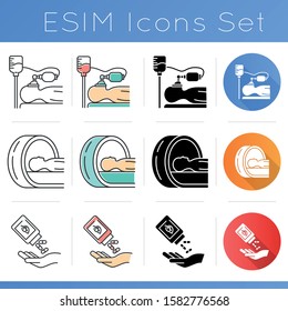 Medical procedure icons set. Anesthesia. Tomography. Homeophaty. Brain screening. Herbal pills. Alternative healthcare. Flat design, linear, black and color styles. Isolated vector illustrations