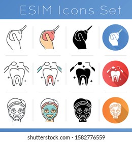 Medical procedure icons set. Lavement. Dental care. Cosmetology services. Facial mask. Constipation aid. Stomatology. Flat design, linear, black and color styles. Isolated vector illustrations
