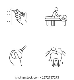 Medical procedure linear icons set. Injection with syringe. Massage. Lavement. Dental care. Oral health. Clinical aid. Thin line contour symbols. Isolated vector outline illustrations. Editable stroke