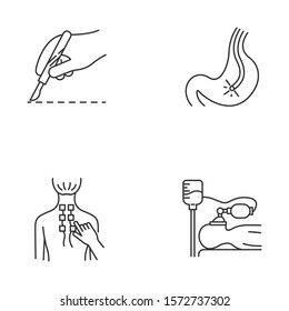 Medical procedure linear icons set. Surgery. Endoscopy and gastroscopy. Physiotherapy. Back pain relief. Anesthesia. Thin line contour symbols. Isolated vector outline illustrations. Editable stroke