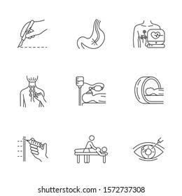 Medical procedure linear icons set. Endoscopy. Cardiogram. Physiotherapy. Anesthesia. Brain scan. Vision correction. Thin line contour symbols. Isolated vector outline illustrations. Editable stroke