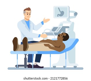 Medical procedure semi flat RGB color vector illustration. Male doctor conducting abdominal ultrasound isolated cartoon characters on white background