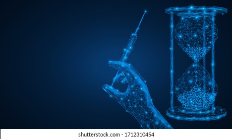 Medical procedure. Time for your medication. An hourglass and a hand with a syringe. Low-poly design. Blue background.