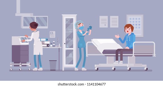 Procedimientos médicos en la oficina de médicos. Sala de hospital o clínica para recibir y tratar, enfermera diagnosticando paciente, haciendo inyección. Concepto de medicina y salud. Dibujo de dibujos animados de estilo plano vectorial