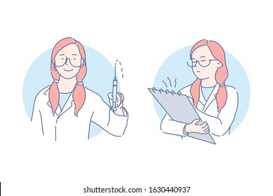 Medical procedures and examination set concept. Young woman pupil doctor do procedures, shows syringe with cure. Serious schoolgirl is taking notes on electronic board. Simple flat vector