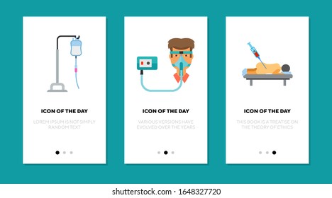 Medical procedures flat icon set. Injection, hospital, patient isolated vector sign pack. Medicine and health concept. Vector illustration symbol elements for web design and apps