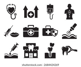 Medical procedures and treatments solid icon set for surgery and care showing stethoscope syringe and other symbols for clinical intervention and therapy