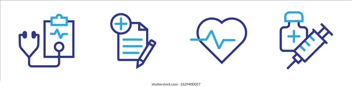 Banner do processo médico. Definir ícone de estetoscópio, relatório de diagnóstico, pulso de batimento cardíaco e vetor de injeção de medicamento no design do esboço