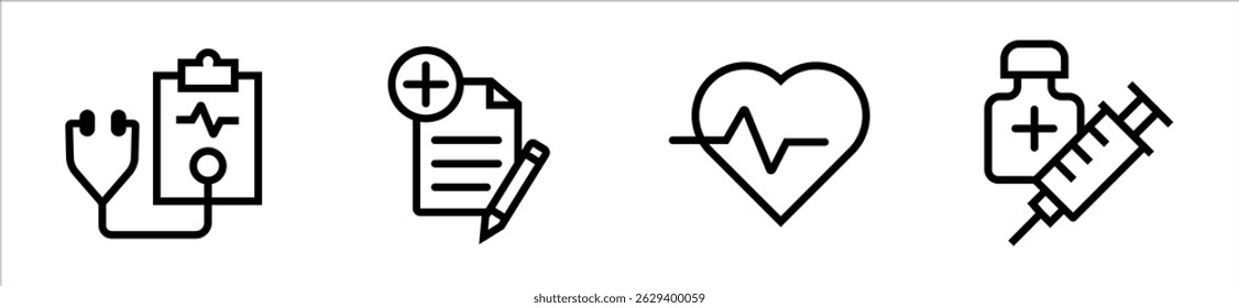 Medical process banner. Set icon of stethoscope, diagnose report, heartbeat pulse and medicine injection vector in outline design