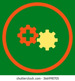 Medical Process vector icon. Style is bicolor flat circled symbol, orange and yellow colors, rounded angles, green background.