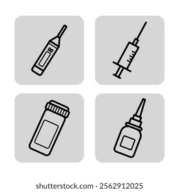 Medical products line icon set. Electronic thermometer, syringe, bottle with pills, nasal spray. Medicine and healthcare concept. Vector illustrations for web design and apps