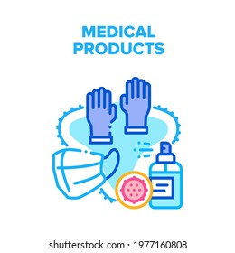 Medical Products Vector Icon Concept. Facial Mask And Protective Medical Gloves, Sanitizer Spray For Killing Viruses And Protect Medical Products. Healthcare Accessories Color Illustration