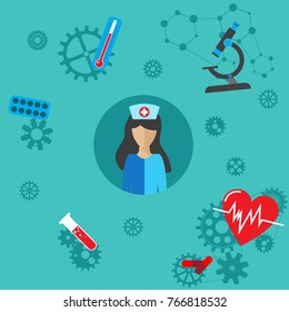 The medical profession. Icons of  medical objects in a flat style on blue background. The concept of quality of work of the doctor.