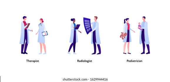 Medical profession people set. Vector flat person illustration. Group of male and female therapist, pediatrician and radiologist doctor in lab coat. Design element for banner, poster, background.