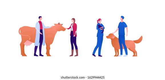 Medical profession people set. Vector flat person illustration. Group of male and female veterinarian with patient farmer, cow, dog and cat. Design element for banner, poster, background.