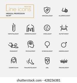 Medical profession simple thin line design icons, pictograms set. Immunologist, dermatologist