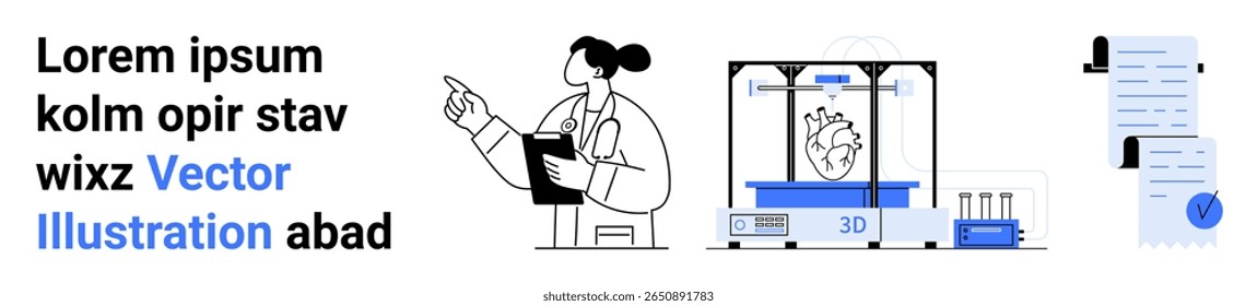 Profissional médico, impressora 3D com coração humano detalhado, área de transferência e documentos. Ideal para avanços médicos, tecnologia de saúde, impressão 3D, pesquisa científica, educação médica
