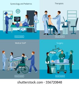 Medical professional 4 flat icons square composition with surgeon and wheel chair patient abstract isolated vector illustration