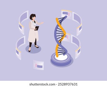 Medical Professional Analyzing Genetic Data with DNA Helix 3d isometric vector illustration