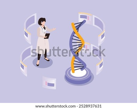 Medical Professional Analyzing Genetic Data with DNA Helix 3d isometric vector illustration