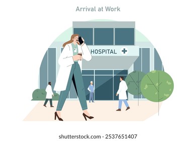 Medical professional arriving at the hospital, carrying coffee and on the phone, with colleagues in the background. Vector illustration.