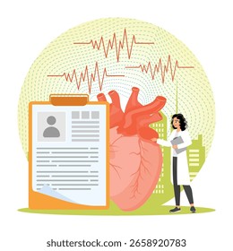 Um profissional médico que verifica os dados cardíacos de um paciente hipertenso, simbolizado por um coração gigante e um fundo de área de transferência. Conceito de vida estressante.