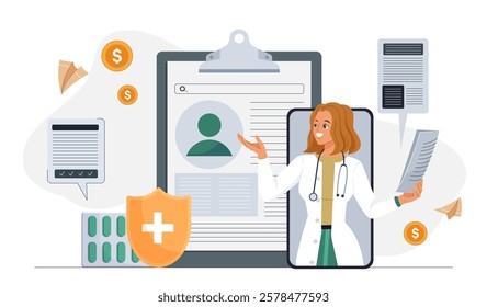 Medical professional with clipboard and documents, shield with cross symbol, and coins. Modern flat vector illustration on a white background, concept of healthcare