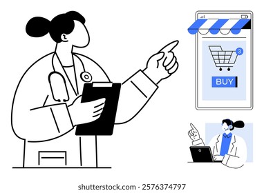 Medical professional with a clipboard pointing to a mobile phone displaying a shopping cart. Also includes smaller image of same character working on a laptop. Ideal for e-commerce, telemedicine