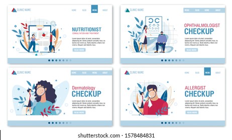 Medical Professional Consultation Landing Page Flat Set. Dermatologist, Allergist, Nutritionist, Ophthalmologist Doctor Specialist Appointment. Telemedicine. Online Service. Vector Flat Illustration