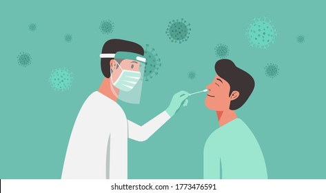 medical professional or doctor doing Covid-19 or Coronavirus test or DNA test to a young man with nasal swab probe, cartoon character flat vector illustration - Shutterstock ID 1773476591