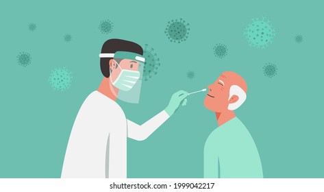 medical professional or doctor doing Covid-19 or Coronavirus test or DNA test to a senior man with nasal swab probe, flat vector illustration