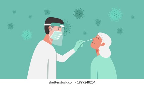 medical professional or doctor doing Covid-19 or Coronavirus test or DNA test to a senior woman with nasal swab probe, flat vector illustration