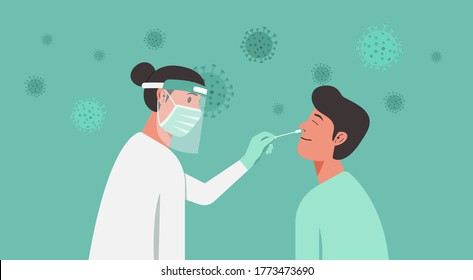 medical professional, doctor, or nurse doing Covid-19 or Coronavirus test or DNA test to a young man with nasal swab probe, cartoon character flat vector illustration - Shutterstock ID 1773473690