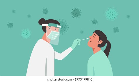 medical professional, doctor, or nurse doing Covid-19 or Coronavirus test or DNA test to a young woman with nasal swab probe, cartoon character flat vector illustration