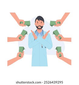 Medical Professional Ethical Healthcare with Stop Bribery Hand Gesture in Anti-Corruption. 