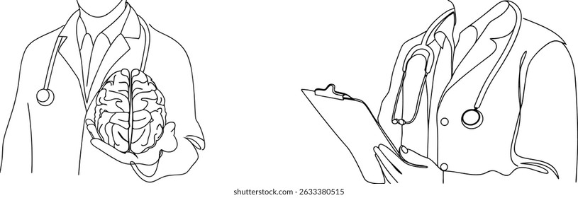 Medical professional examining brain anatomy concept depicted in minimalist single line art