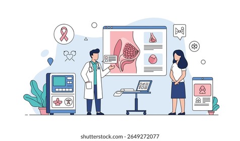 Profissional Médico Explicando Informações de Saúde em Tela Grande para um Paciente Durante uma Consulta Discutindo Anatomia e Diagnóstico