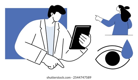 Medical professional holding a tablet pointing down, person pointing right, large eye symbol with teardrop. Ideal for healthcare, technology, telemedicine, patient care communication, vision support