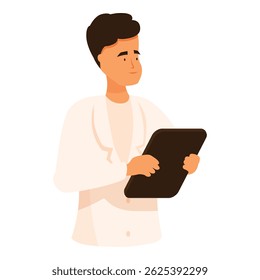 Medical professional is holding a tablet, possibly reviewing patient information or conducting research