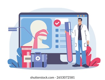 Medical professional holding test tube near computer screen with throat anatomy, flat graphic style, white background. Concept of diagnostic healthcare. Vector illustration