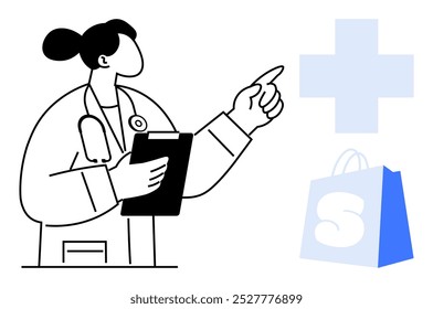 A medical professional holds a clipboard and points towards a medical cross and a shopping bag. Ideal for medical services, online pharmacy, healthcare guidance, telemedicine, and medical shopping