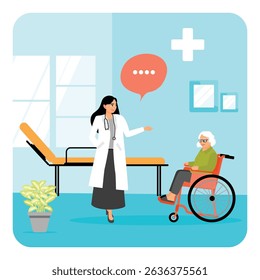 Medical professional interacting with an elderly patient in a wheelchair in a clinical setting, emphasizing healthcare and care giving. Hospital medical staff concept.