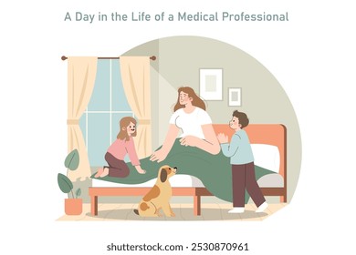 Medical professional life balance concept. Healthcare worker enjoying family time at home before a shift. Work-life harmony, precious moments with children and pet. Vector illustration.