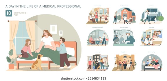 Conjunto de Vida Profissional Médica. Equilibrar os deveres familiares com o trabalho de saúde. Cuidado do paciente, procedimentos cirúrgicos e momentos da vida pessoal. Ilustração vetorial.