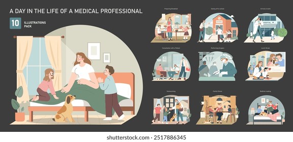 Conjunto de Vida Profissional Médica. Uma série de ilustrações capturando rotinas diárias de casa para o hospital. Momentos familiares, atendimento ao paciente, cirurgia, refeições e descanso. Ilustração vetorial.