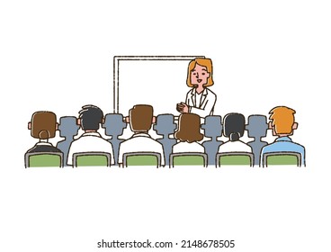 Medical professional listening to a female professor's explanation Comical handwritten person Vector, line drawing and color