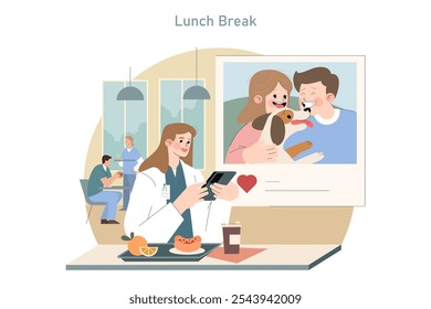 Medical professional on lunch break enjoys a moment of relaxation, video calling loved ones with their pet. Vector illustration.