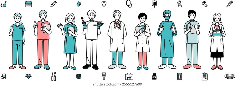 Medical professional people set, full body illustration.